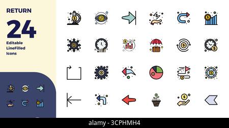 Pacchetto essenziale di icone vettoriali perfette da 24 PIXEL per il ritorno in formato Duotone, con dimensioni 128x128 per prestazioni e scalabilità ottimali. Illustrazione Vettoriale