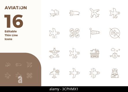 Confezione innovativa di 16 icone vettoriali incentrate sull'aviazione, con design Thin Line in formato da 128 x 128 PIXEL perfetto per le moderne soluzioni digitali. Illustrazione Vettoriale