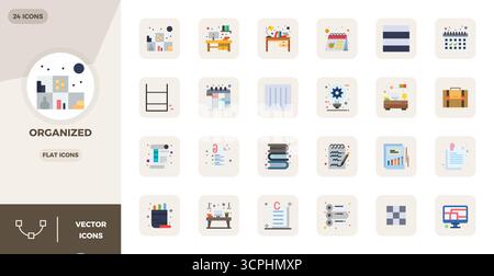 Icone vettoriali perfette da 24 PIXEL progettate in modo intelligente ispirate a Organized, create in formato Flat da 128x128 per flussi di lavoro di progettazione intelligenti ed efficienti Illustrazione Vettoriale