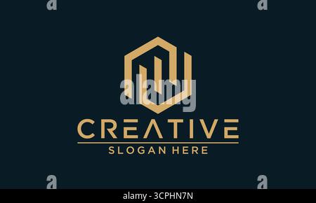 Logo geometrico a sei lati dal design minimalista Vector Gold su sfondo blu navy Illustrazione Vettoriale