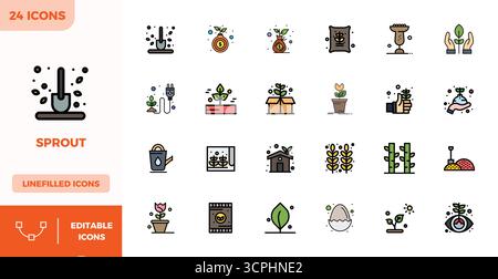 Raccolta di 24 icone vettoriali che rappresentano Sprout in un'estetica Flat Lineal Color, ottimizzata con risoluzione perfetta di 128x128 PIXEL per il massimo Illustrazione Vettoriale