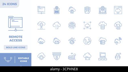 24 icone vettoriali progettate in modo professionale in Heavy Line, che catturano l'essenza dell'accesso remoto con 128x128 PIXEL precisione perfetta per la progettazione dell'interfaccia utente. Illustrazione Vettoriale