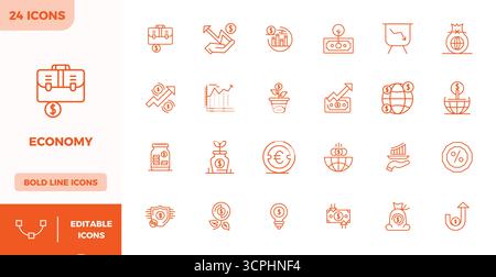 Un set dinamico di 24 icone vettoriali in Heavy Line, personalizzato per l'economia con 128x128 PIXEL, qualità perfetta per i prodotti digitali. Illustrazione Vettoriale