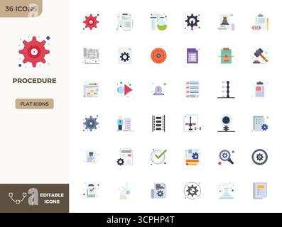 Raccolta ad alte prestazioni di 36 icone vettoriali Flat Color per procedure, progettata con risoluzione perfetta da 128x128 PIXEL per un'interfaccia utente ottimale d Illustrazione Vettoriale