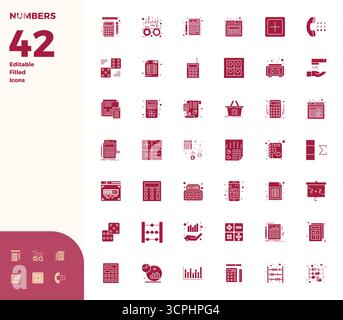 Collezione contemporanea di 42 icone vettoriali che rappresentano numeri in un'estetica riempita di glifo, con risoluzione perfetta di 128x128 PIXEL per applicazioni moderne Illustrazione Vettoriale