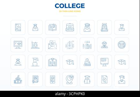 Raccolta avanzata di icone vettoriali perfette da 28 PIXEL ispirate a College, realizzate in Thin Outline con ottimizzazione 128x128 per un'eccellente visibilità visiva Illustrazione Vettoriale
