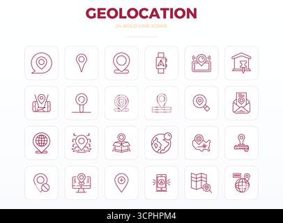 Raccolta avanzata di icone vettoriali perfette da 24 PIXEL ispirate alla geolocalizzazione, realizzate in strong Outline con ottimizzazione 128x128 per una visualizzazione superiore Illustrazione Vettoriale