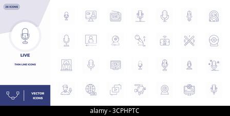 Set semplificato di 28 icone vettoriali per l'estetica Live in Thin Line, con risoluzione perfetta da 128 x 128 PIXEL per un'esperienza utente senza interruzioni. Illustrazione Vettoriale