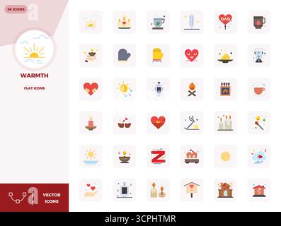 Una raccolta pulita di 36 icone vettoriali piatte che rappresentano il calore, progettate in formato da 128x128 PIXEL perfetto per dashboard e interfacce moderne. Illustrazione Vettoriale