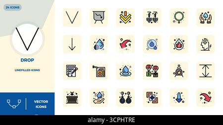 Pacchetto all'avanguardia con icone vettoriali perfette da 24 PIXEL ispirate al Drop, creato in formato LineFilled a 128x128 per interfac di nuova generazione Illustrazione Vettoriale