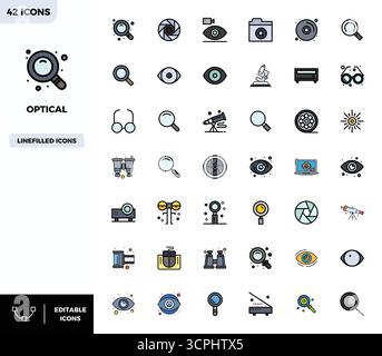Raccolta di 42 icone vettoriali PIXEL Perfect per Optical a colori lineari piatti, progettate in formato 128x128 per chiarezza e versatilità. Illustrazione Vettoriale