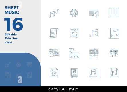 Collezione realizzata a mano con 16 icone vettoriali Thin Line per Spartiti musicali, ottimizzata in 128 x 128 PIXEL, risoluzione perfetta per esperienze digitali di livello superiore Illustrazione Vettoriale