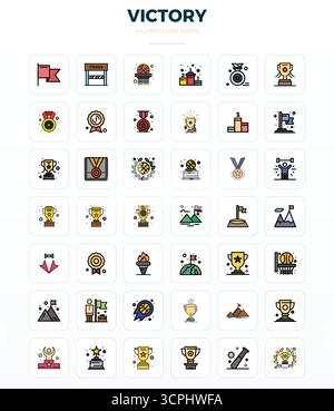 Icone vettoriali perfette da 42 PIXEL progettate in modo intelligente ispirate a Victory, create in formato LineFill a 128x128 per un lavoro di progettazione intelligente ed efficiente Illustrazione Vettoriale