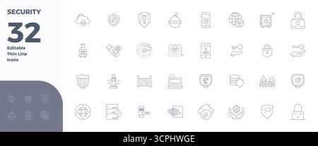 Icone vettoriali perfette a 32 PIXEL Thin Line per la sicurezza, fornite in formato 128x128 per un'eccellenza visiva costante. Illustrazione Vettoriale