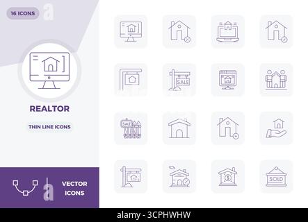 Collezione artigianale con 16 icone vettoriali Thin Line per Realtor, ottimizzate in 128 x 128 PIXEL risoluzione perfetta per esperienze digitali di livello superiore. Illustrazione Vettoriale