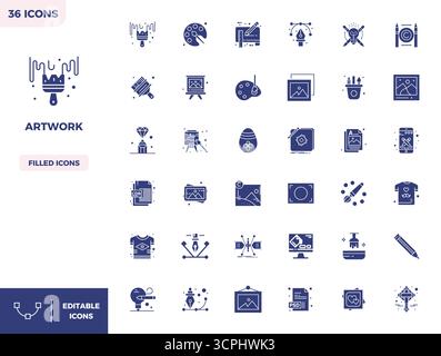 Set semplificato di 36 icone vettoriali per grafica dall'estetica completa, con risoluzione perfetta da 128 x 128 PIXEL per un'esperienza utente senza interruzioni. Illustrazione Vettoriale