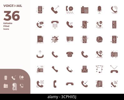 Icone vettoriali con riempimento a 36 glifi di precisione per Voicemail, progettate con risoluzione perfetta di 128 x 128 PIXEL per una chiarezza e una scalabilità eccezionali. Illustrazione Vettoriale