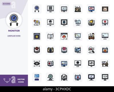 Set rivoluzionario di icone vettoriali perfette da 36 PIXEL ispirate al monitor, creato in formato LineFilled con risoluzione 128x128 per un design all'avanguardia. Illustrazione Vettoriale