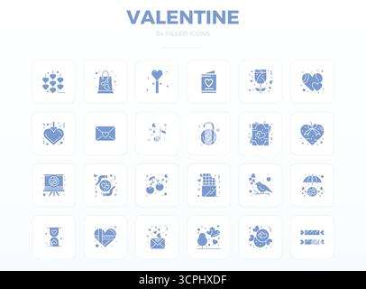 24 icone vettoriali perfette per PIXEL SolidFill per San Valentino, create con una risoluzione 128x128 per una straordinaria uniformità visiva su tutte le piattaforme Illustrazione Vettoriale