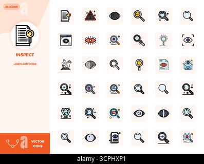 Pacchetto strategico con 36 icone vettoriali che rappresentano Inspect in formato LineFilled, ottimizzato con 128 x 128 PIXEL, qualità perfetta per un lavoro professionale Illustrazione Vettoriale