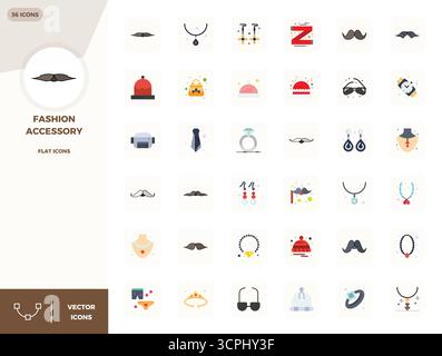 Pacchetto strategico con 36 icone vettoriali che rappresentano l'accessorio moda in formato piatto, ottimizzato con 128 x 128 PIXEL, qualità perfetta per i professionisti Illustrazione Vettoriale