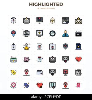 Confezione esclusiva di icone vettoriali perfette da 36 PIXEL ispirate alle icone evidenziate, realizzate in formato LineFill a 128x128 per esperienze di marchio memorabili. Illustrazione Vettoriale