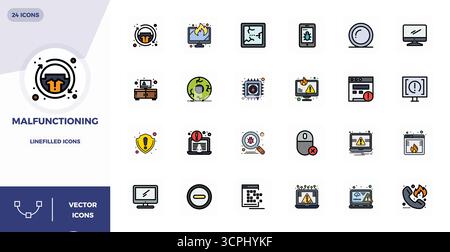 Collezione realizzata a mano con 24 icone vettoriali LineFilled per malfunzionamento, ottimizzata in 128 x 128 PIXEL risoluzione perfetta per un'esposizione digitale di qualità superiore Illustrazione Vettoriale