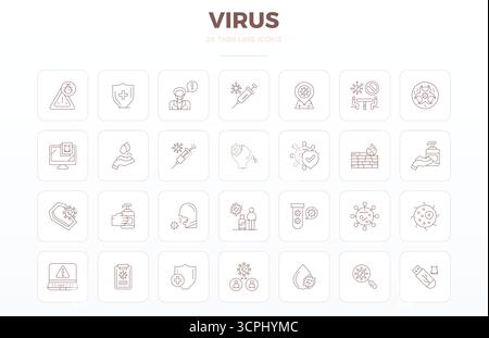 Raccolta definitiva di 28 icone vettoriali che rappresentano virus nell'estetica Thin Outline, ottimizzata con risoluzione perfetta di 128x128 PIXEL per la massima impac Illustrazione Vettoriale