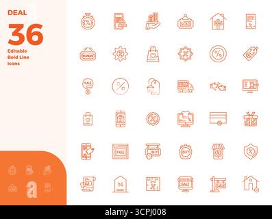 Raccolta di 36 icone vettoriali che rappresentano l'accordo nell'estetica Bold Line, ottimizzata con risoluzione perfetta di 128x128 PIXEL per il massimo impatto. Illustrazione Vettoriale