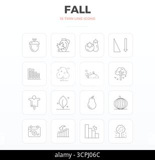 Una raccolta pulita di 16 icone vettoriali Thin Outline che rappresentano la caduta, progettate in formato da 128 x 128 PIXEL perfetto per dashboard e interfacce moderne. Illustrazione Vettoriale