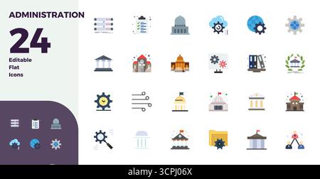 Sbloccare 24 icone vettoriali Flat PIXEL Perfect ispirate all'amministrazione, ottimizzate in formato 128x128 per una visualizzazione impeccabile su tutti i dispositivi. Illustrazione Vettoriale