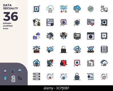 Pacchetto strategico con 36 icone vettoriali che rappresentano la sicurezza dei dati in formato Duotone, ottimizzato con 128x128 PIXEL, qualità perfetta per i professionisti Illustrazione Vettoriale