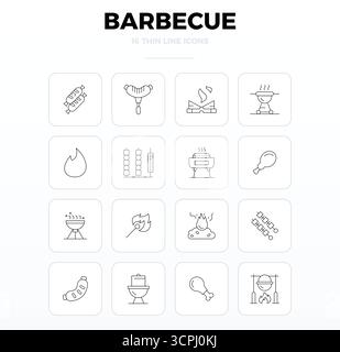 Set semplificato di 16 icone vettoriali per Barbecue con profilo sottile, con risoluzione perfetta da 128 x 128 PIXEL per un'esperienza utente senza interruzioni. Illustrazione Vettoriale