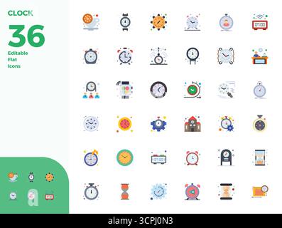 Raccolta ad alte prestazioni di 36 icone vettoriali piatte per clock, progettata con risoluzione perfetta da 128 x 128 PIXEL per un design ottimale dell'interfaccia utente. Illustrazione Vettoriale