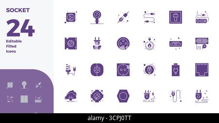 Ottimizza i tuoi progetti con 24 icone vettoriali riempite di glifo ispirate a Socket, con risoluzione perfetta da 128x128 PIXEL, ideale per ambienti puliti e professionali Illustrazione Vettoriale