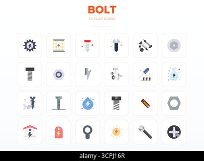 Raccolta ad alte prestazioni di 24 icone vettoriali minime Flat per Bolt, progettata con risoluzione perfetta di 128x128 PIXEL per un'interfaccia utente ottimale Illustrazione Vettoriale