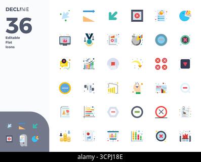Collezione professionale di 36 icone vettoriali piatte che rappresentano il declino, realizzate con 128 x 128 PIXEL precisione perfetta per le applicazioni aziendali. Illustrazione Vettoriale