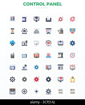Esplora 42 icone vettoriali minime Flat PIXEL Perfect con risoluzione 128x128 ispirate al pannello di controllo. Perfetto per interfacce Web e app. Illustrazione Vettoriale