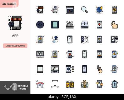 Pacchetto strategico con 36 icone vettoriali che rappresentano l'app in formato Flat Lineal Color, ottimizzato con 128x128 PIXEL, qualità perfetta per i professionisti Illustrazione Vettoriale
