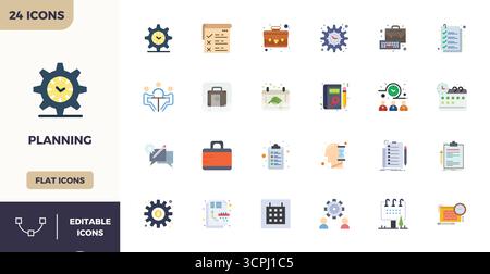 Sbloccare 24 icone vettoriali PIXEL Perfect Flat Color ispirate alla pianificazione, ottimizzate in formato 128x128 per una visualizzazione impeccabile su tutti i dispositivi. Illustrazione Vettoriale