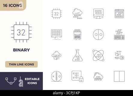 Questo pacchetto di icone vettoriali binari include 16 design Minimal Line in formato da 128 x 128 PIXEL, perfetto per migliorare le interfacce digitali. Illustrazione Vettoriale