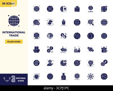 Pacchetto strategico con 36 icone vettoriali che rappresentano il commercio internazionale in formato riempito, ottimizzato con 128x128 PIXEL qualità perfetta per l'offerta Illustrazione Vettoriale