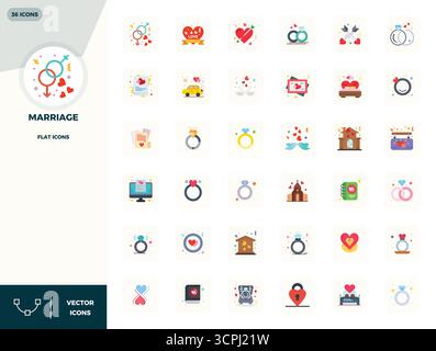 Confezione esclusiva di icone vettoriali da 36 PIXEL ispirate al matrimonio, realizzate in formato piatto 128x128 per esperienze memorabili del marchio. Illustrazione Vettoriale