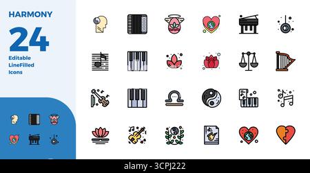 Icone vettoriali perfette da 24 PIXEL progettate in modo intelligente ispirate a Harmony, create in formato Duotone a 128x128 per un flusso di lavoro di progettazione intelligente ed efficiente Illustrazione Vettoriale