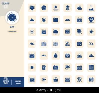 Un set dinamico di 42 icone vettoriali riempite, personalizzate per il giorno con 128x128 PIXEL DI qualità perfetta, adatte per i prodotti digitali. Illustrazione Vettoriale