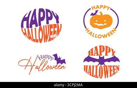Design tipografico di Happy Halloween con zucca, pipistrelli e lettere spaventose, calligrafia horror per il 31 ottobre, festa con scherzi o scherzi, casa infestata dai fantasmi Illustrazione Vettoriale