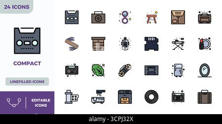 Confezione esclusiva di icone vettoriali perfette da 24 PIXEL ispirate a Compact, realizzate in formato Flat Lineal Color a 128x128 per esperienze memorabili del marchio. Illustrazione Vettoriale
