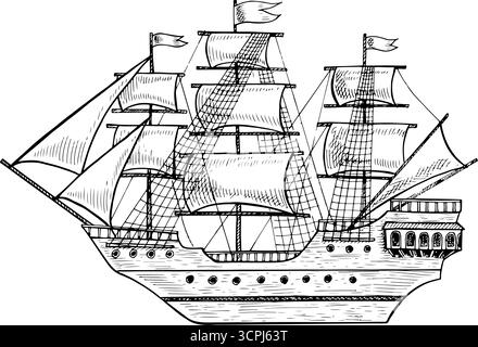Una vecchia nave con le vele. Grafica in bianco e nero, illustrazioni vettoriali disegnate a mano. Per giochi e feste per bambini. Per gli adesivi, l'invito Illustrazione Vettoriale