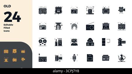 Set rivoluzionario di icone vettoriali perfette da 24 PIXEL ispirate al vecchio, create in formato riempito di glifo con risoluzione 128x128 per un design all'avanguardia. Illustrazione Vettoriale