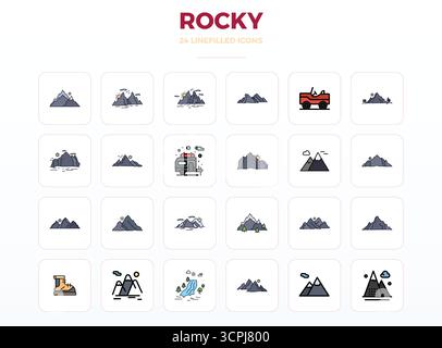 Raccolta di 24 icone vettoriali LineFill PIXEL Perfect per Rocky, progettate in formato 128x128 per chiarezza e versatilità. Illustrazione Vettoriale